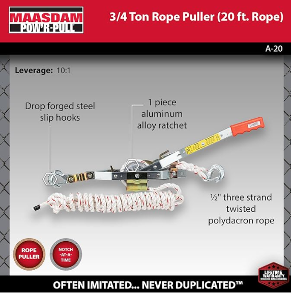 Maasdam 3/4 ton rope puller (20 ft. rope)