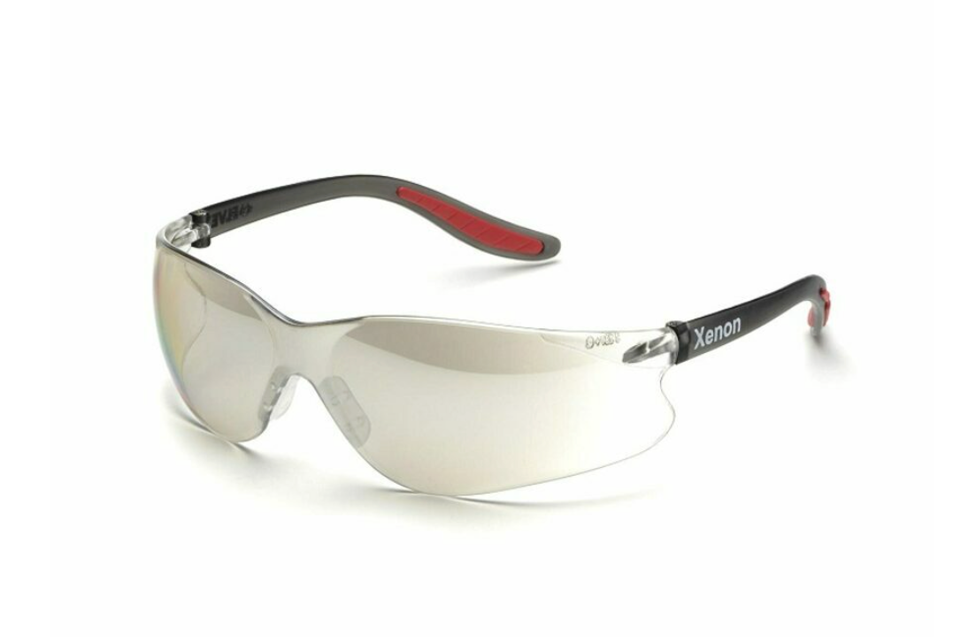 Delta Plus Safety Glasses / Red and Black Frame, Clear Mirrored Lens, Scratch Proof