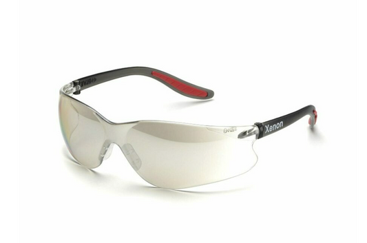 Delta Plus Safety Glasses / Red and Black Frame, Clear Mirrored Lens, Scratch Proof